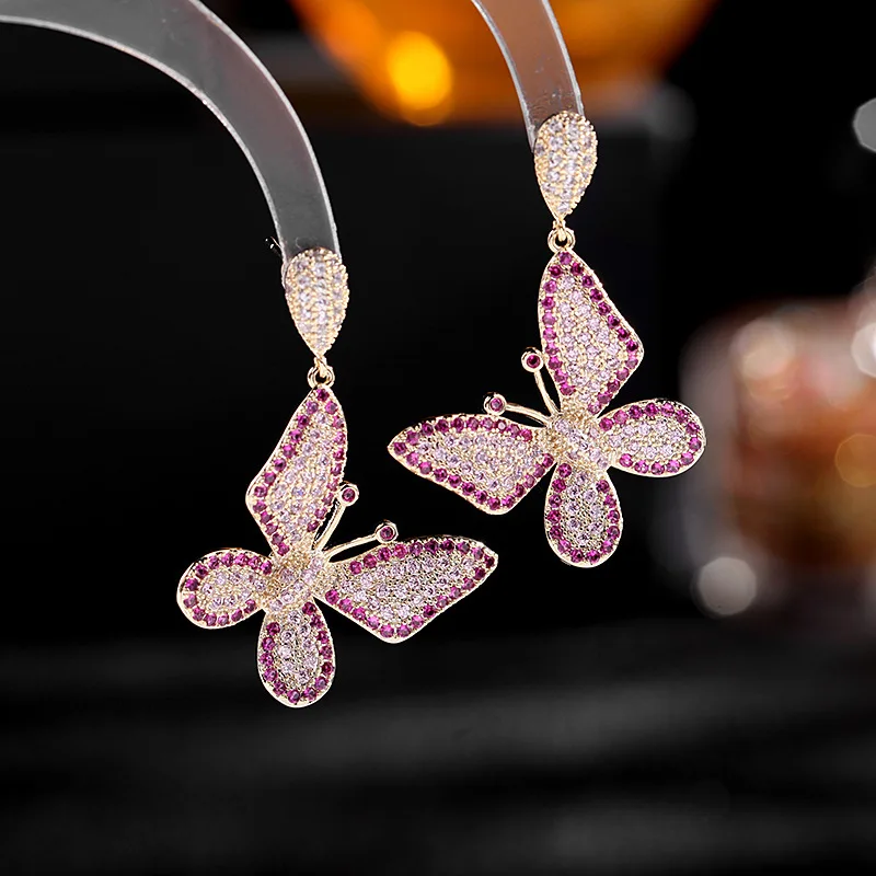 

Creative Butterfly Earrings 925 Silver Needle Micro Pave Cubic Zirconia Pink Earring Jewelry Women Luxury Wedding Ear Studs