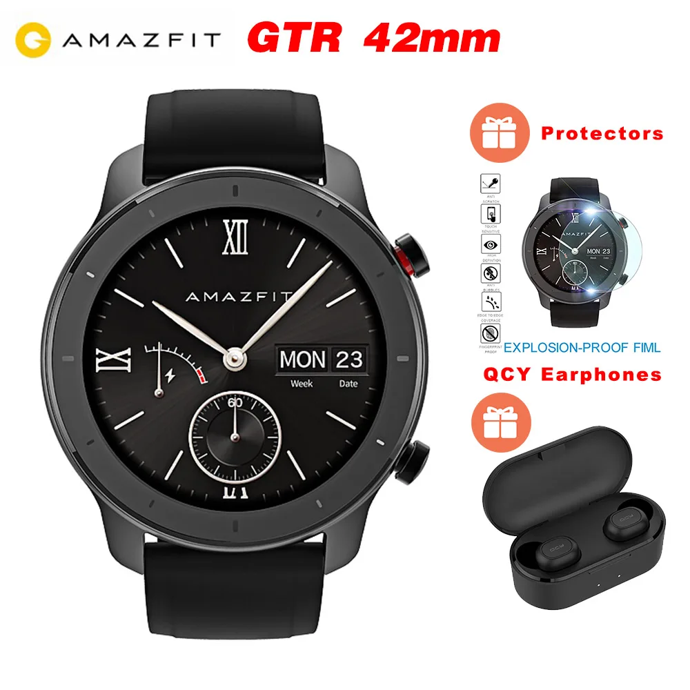 [FREE QCY наушник] Huami AMAZFIT GTR 42 мм умные часы gps 5ATM водонепроницаемые мульти-спортивные умные часы трекер здоровья 24 дня - Цвет: Black ADD QCY