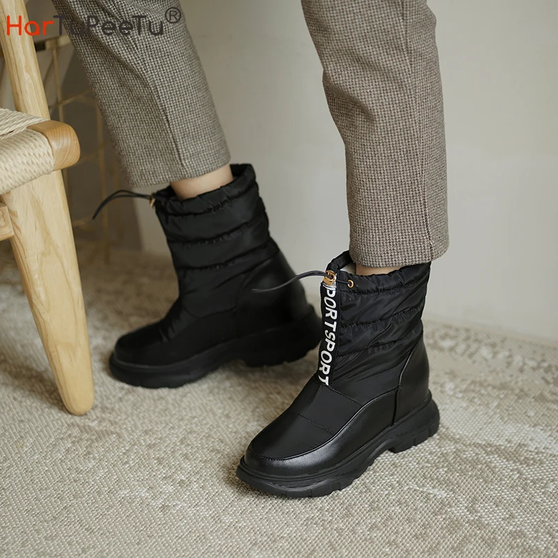 Winter Female Ankle Booties Concise PU Patchwork Down Drawstring Warm Plush Black White Wedges Shoes Women Waterproof Snow Boots