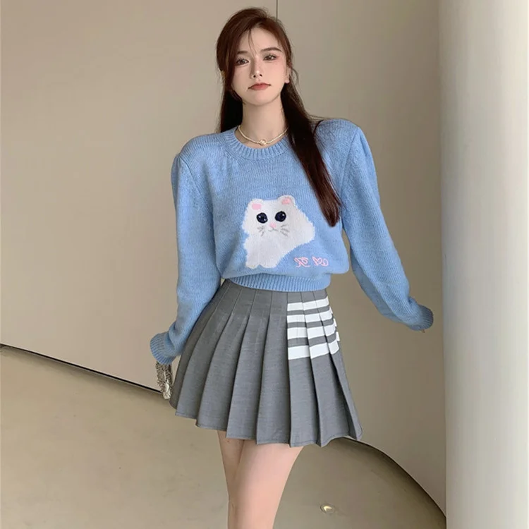 

2021 Autumn New Fashion Kitten Lazy Wind Short Round Neck Sweater Slim Sweet Age Reducing Sweater
