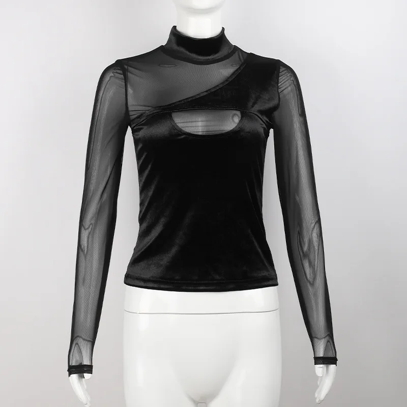 

Hot Sale Shirts for Women Sexy Slim Hollow Out Geometric Perspective Gauze Pleuche Woman Tshirts Turtleneck Long Sleeve Tops