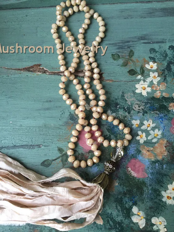 Women  Hand Knot Boho long Glass Crystal Bead
