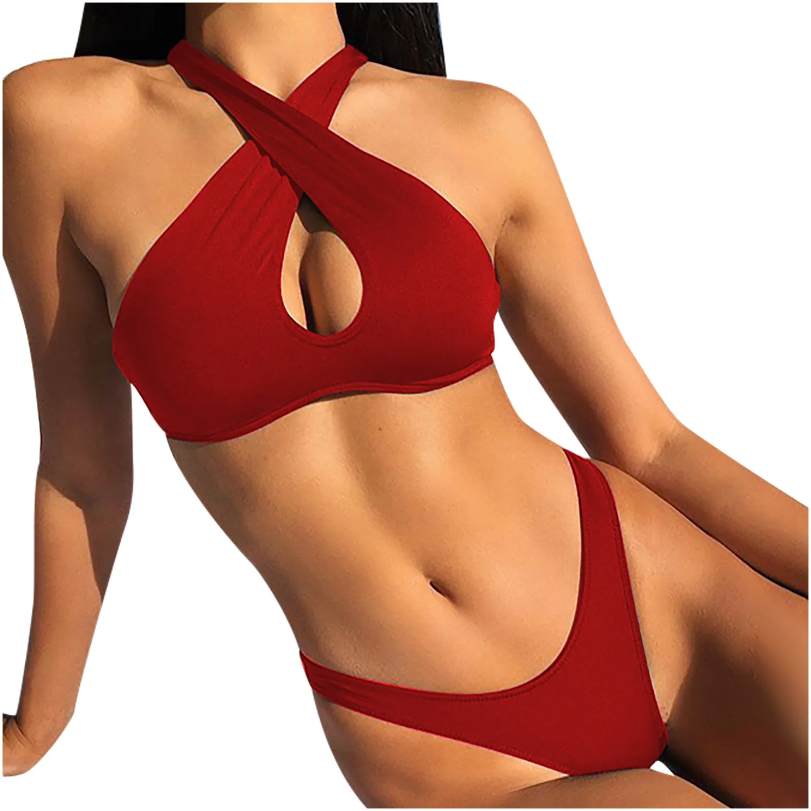 

Sexy Women Bikini tankini swimsuits women Solid Splicing Two-piece Swimwear Hollow Out Black Red Swimsuit Beachwear Set