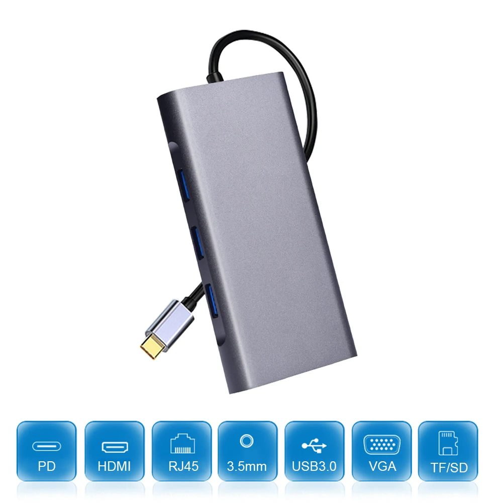 

RJ45 VGA 3 USB3.0 3.5mm SD TF HDMI-compatible PD Charging Adapter Multi USB-C HUB Station Notebook Accessories USB-C Hub