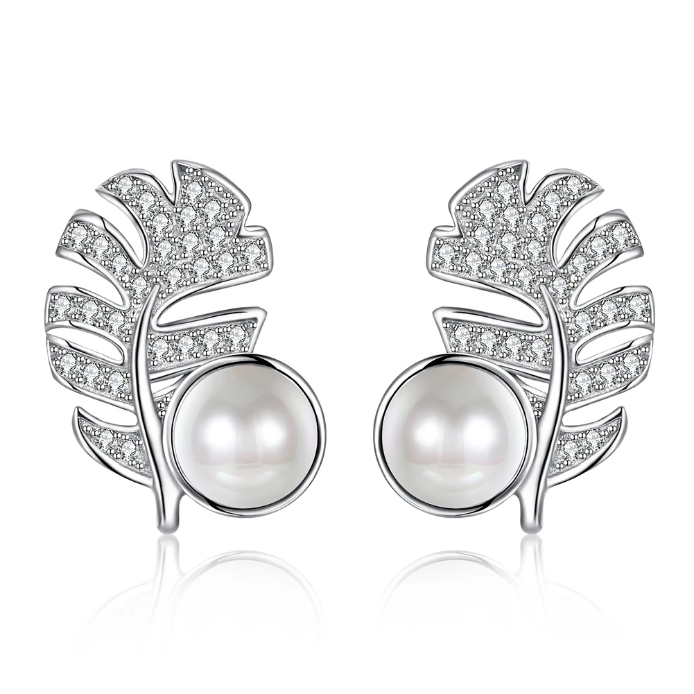 

ZEMIOR Pearl Earrings For Women Sterling Silver 925 Leaves Stud Earrings Romantic Anniversary Gift For Girlfriend Hot Sale