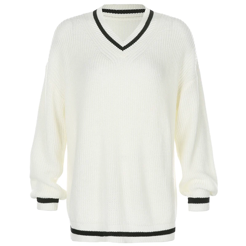 

V Neck White Casual Sweater Women Preppy Style Korean Long Sleeve Jumpers Ladies High Street Autumn Winter Pullover