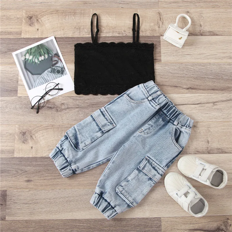 

Kids Baby Girl Clothing Solid Lace Top Vest+Pockets Blue Denim Pants Summer 2pcs Outfits Set