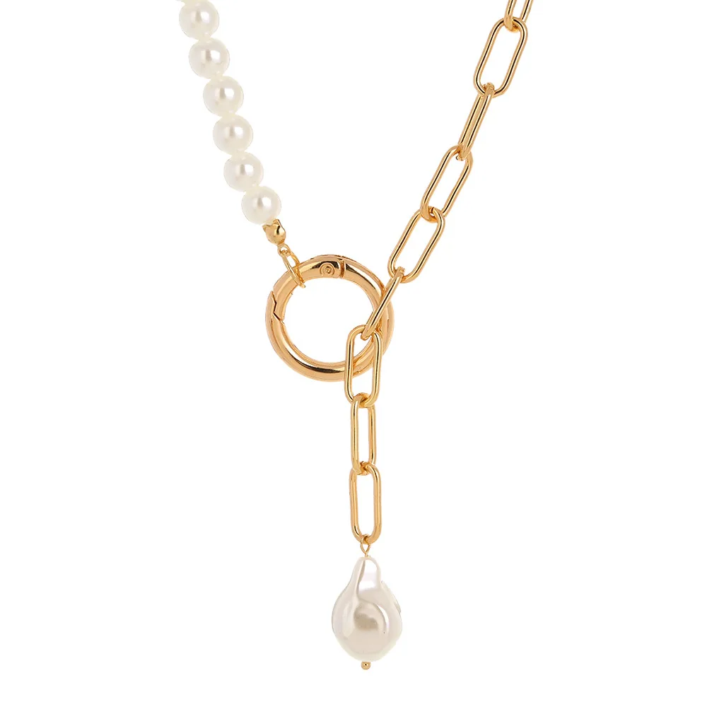 

Retro Jewelry Simple Pearl Stitching Lattice Chain Necklace Personality Adjustable Round Buckle Temperament Clavicle Chain