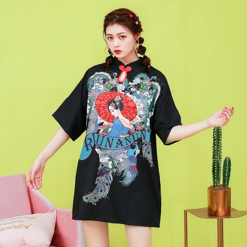 Черный Винтаж Cheongsam Азиатский японский печати qipao свободное платье для девочек - Цвет: Черный