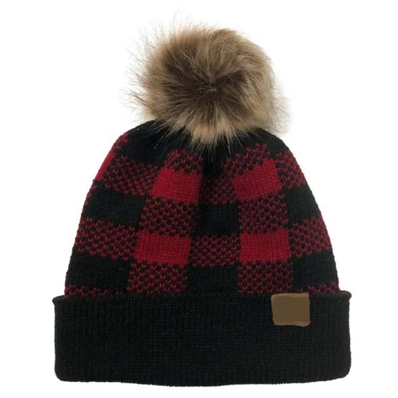 

XEONGKVI Europe America Flanging Grid Fashion Christmas Hat Beanies Autumn Winter Warm Removable Venonat Knitted Cap For Women