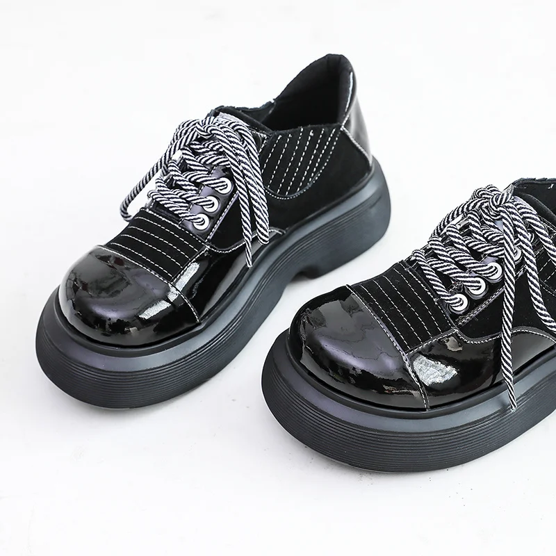 

Women New Oxfords 2021 Spring Autumn Casual Platform Shoes Black Lace Up Leather Shoe Sewing Fashion Round Toe Chunky Sole Flats