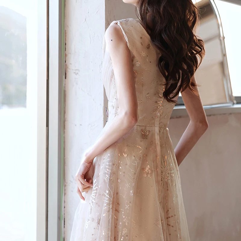 

Evening Dress Empire Sleeveless Appliques Tea-Length Pleat Sequins A-Line New V-Neck Zipper Back Woman Formal Party Gowns A1039