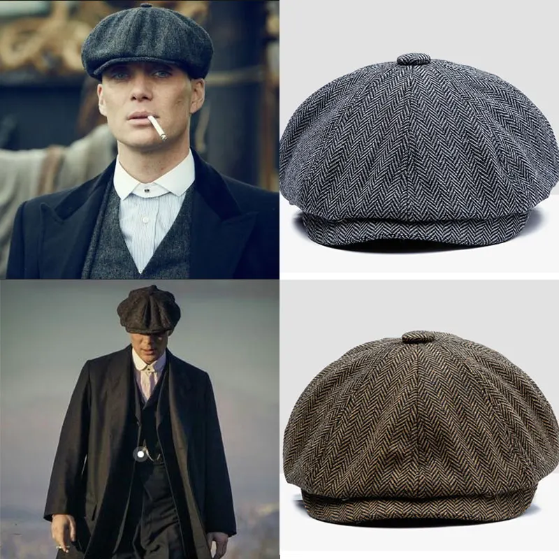 

Men beret vintage Herringbone Gatsby Tweed peaky blinders hat Newsboy Beret Hat spring Flat Peaked Beret Hats