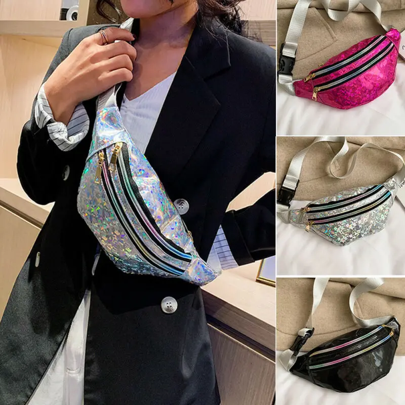 

Women PU Laser Waist Fanny Pack Belt Bag Pouch Travel Hip Bum Bag Small Purse