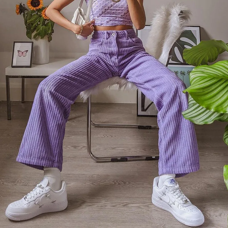 

Winter Purple Corduroy Pants Women High Waist Sweatpants Cotton Skinny Pockets Harajuku Y2K Trousers Women Casual Capris