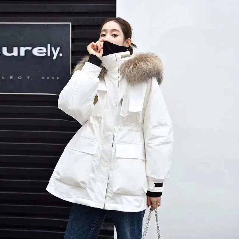 

White 90% White Duck Down Jacket Winter Natural Raccoon Fur Hooded Coat Women Korean Thick High Waist Loose Warm Outwear Parka