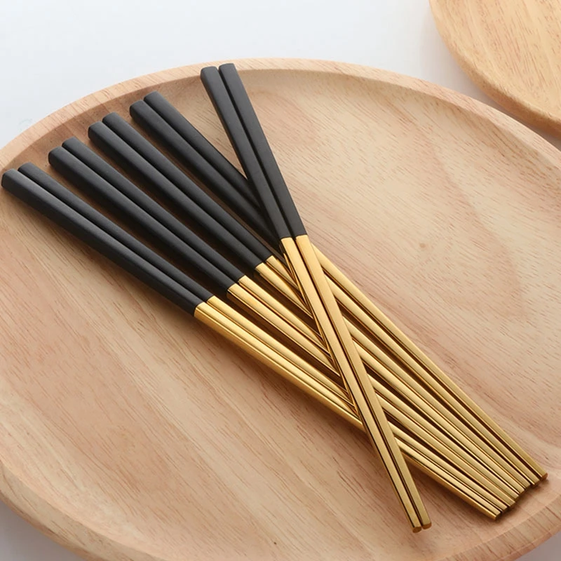 

5 Pairs Chopsticks Stainless Steel Chinese Gold Set Black Metal Chop Sticks Set Used for Sushi Dinnerware