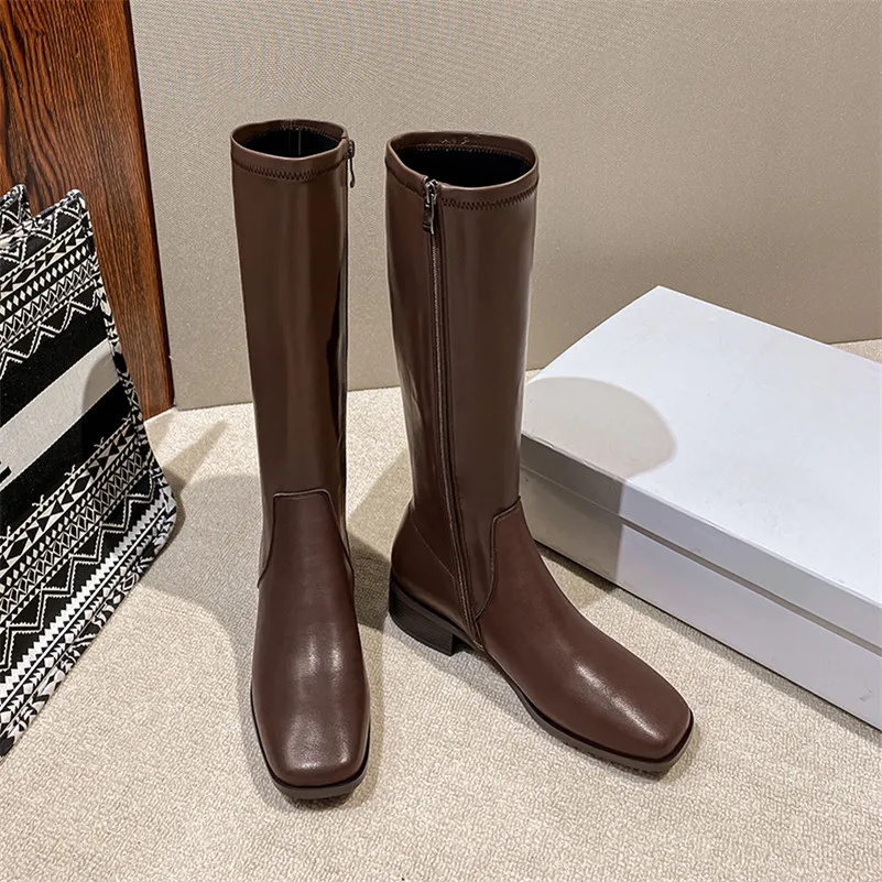 

ANNYMOLI Natural Genuine Leather Knee High Boots Square Toe Woman Boots Zip Mid Heel Long Boots Block Heel Ladies Shoes Brown