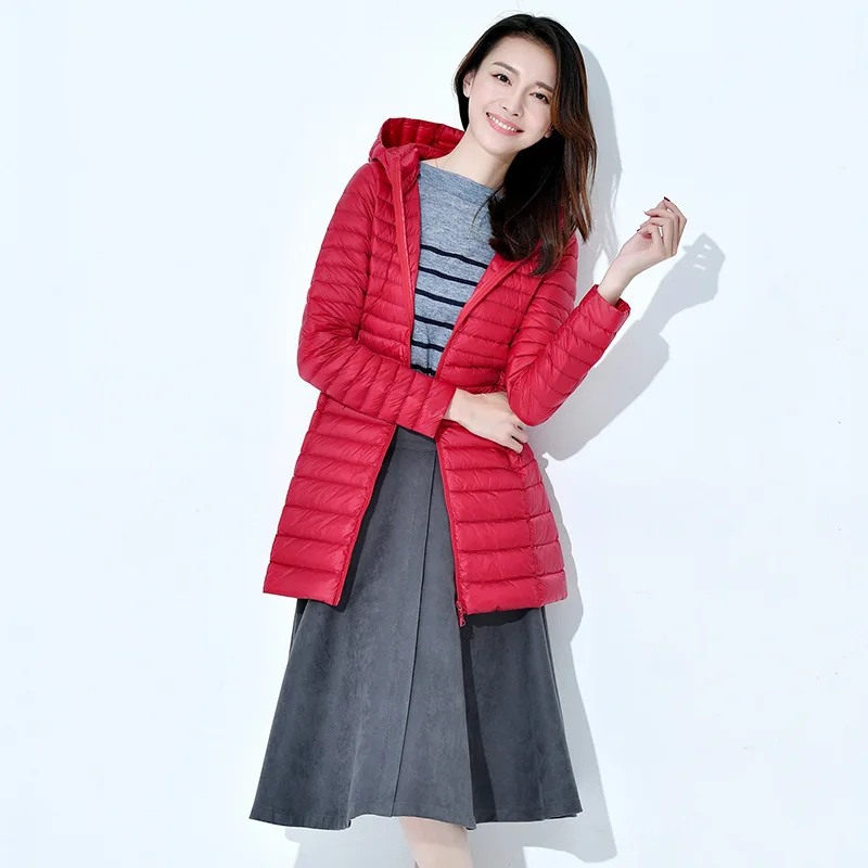 Тонкий легкий Длинные куртки женские 90 белая утка вниз высокое качество пальто