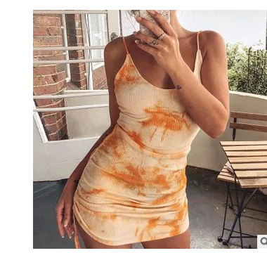 Женское платье комбинация с принтом на завязках U образным вырезом и кулиской