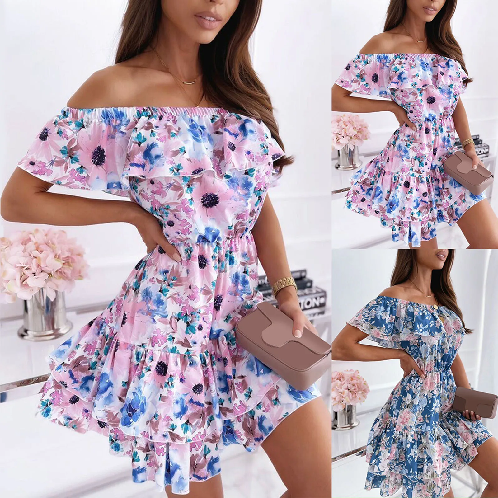 

63# Sexy Summer Print Short Sleeve Dress Women Casual Ruffle Elegant Fashion Dresses One Word Collar Off Shoulder Beach Dress