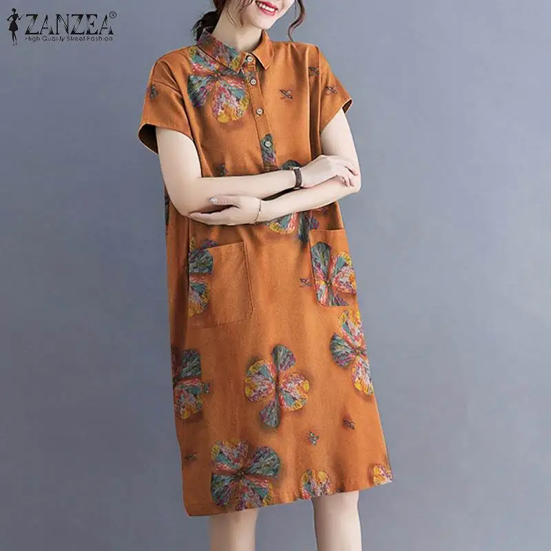 

Floral printed Pockets Vestidos ZANZEA Summer Woman Dress Short Sleeve Lapel Bohemian Elegant Casual Holiday Oversized Dresses
