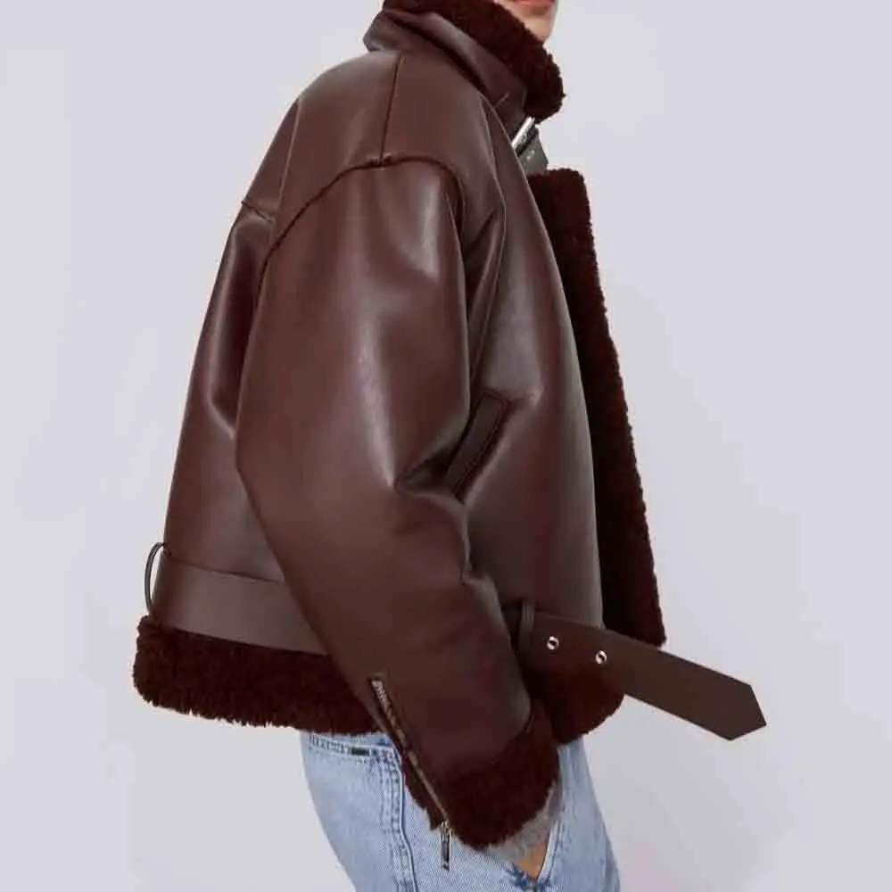 2021 Winter Thickened Locomotive Lapel Female Coat Fur Long Sleeved Loose Belt Warm Women's Jacket Lamb Wool Winter PU Coat