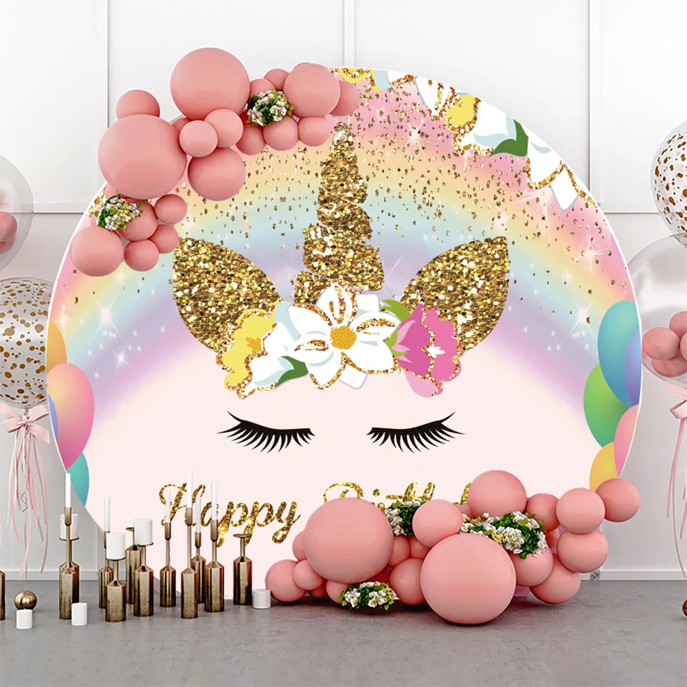 

Laeacco Rainbow Unicorn Gold Dots Glitters Round Circle Photography Backdrops Baby Birthday Customized Banner Photo Backgrounds