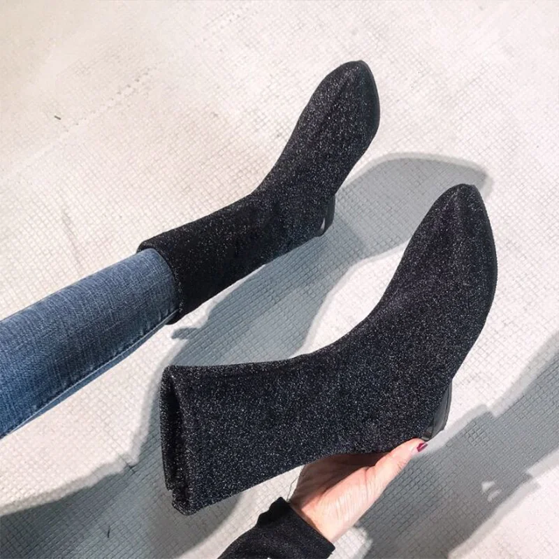 

Socking boots black ladies office soft pointed toe heels women mid-calf booties spring socks shoes 2022