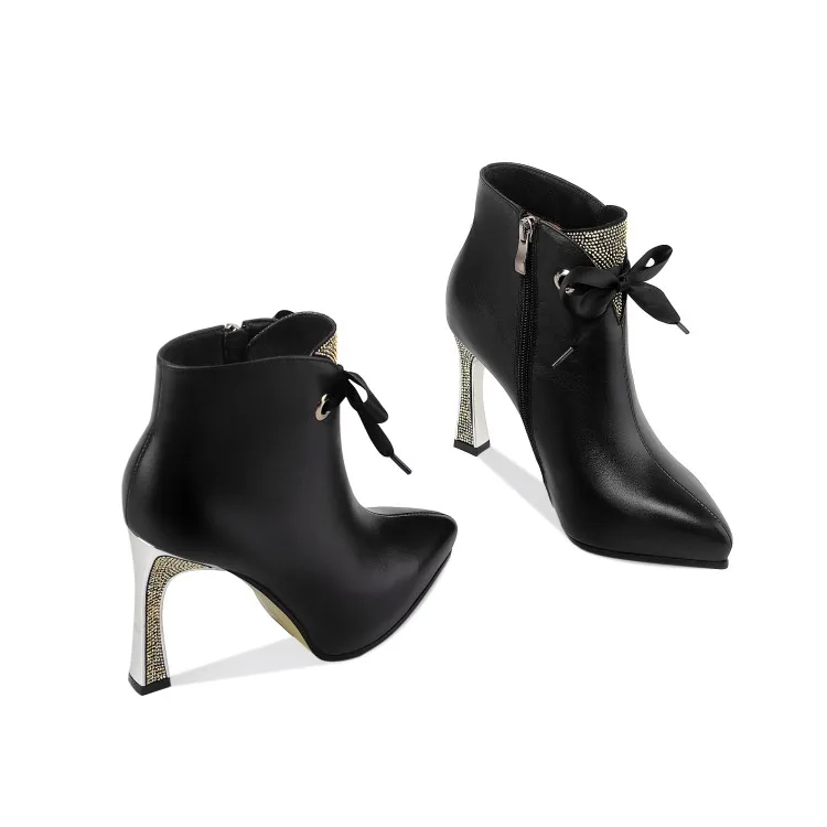 

MLJUESE 2021 women Ankle boots Cow leather Winter short plush Pointed Toe Zipper High heels female boots size 39