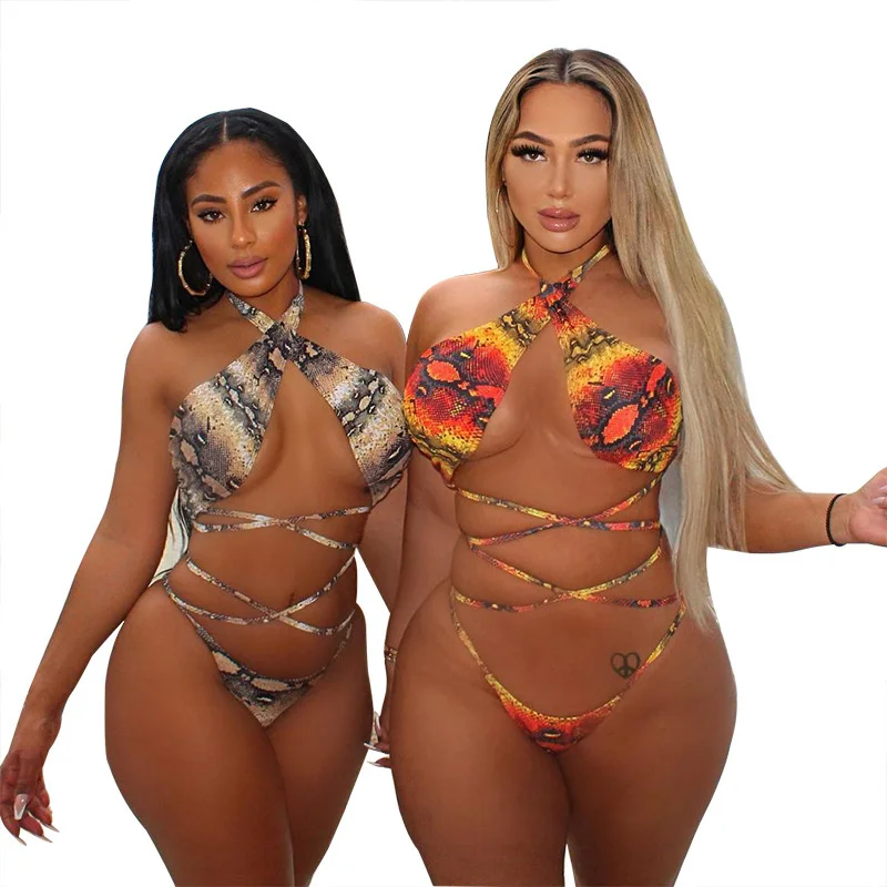 

Cutubly Plus Size S-4XL Bathing Suits New Snake Printing Bikini Sexy Summer Lace Up Halter Fashion Skinny Swimsuit Women