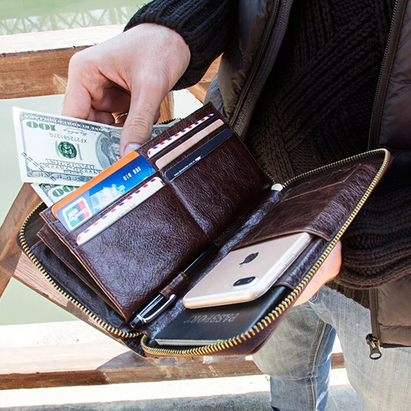 Custom Name Wallets Men Fashion Passport Wallet Zipper Purses With Phone Bags Card Holder Gift  Genuine Cowhide Leather