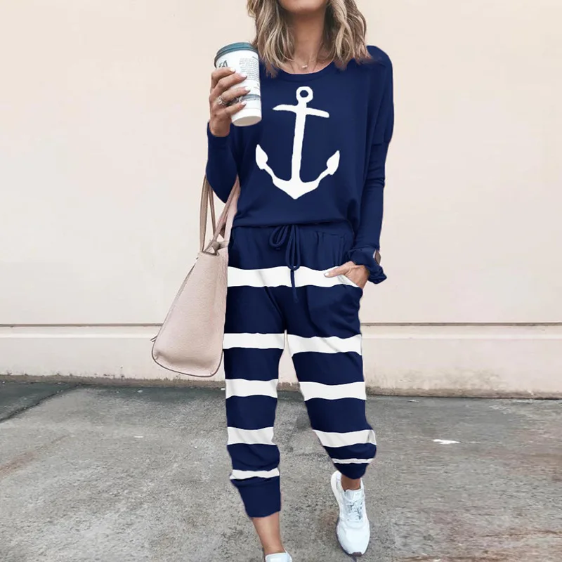 

2020Autumn Women New Loose Printed Long Sleevess Set Lounge Wear Tracksuit Suits Top And Elastic Waist Long Pants Femme Clothes