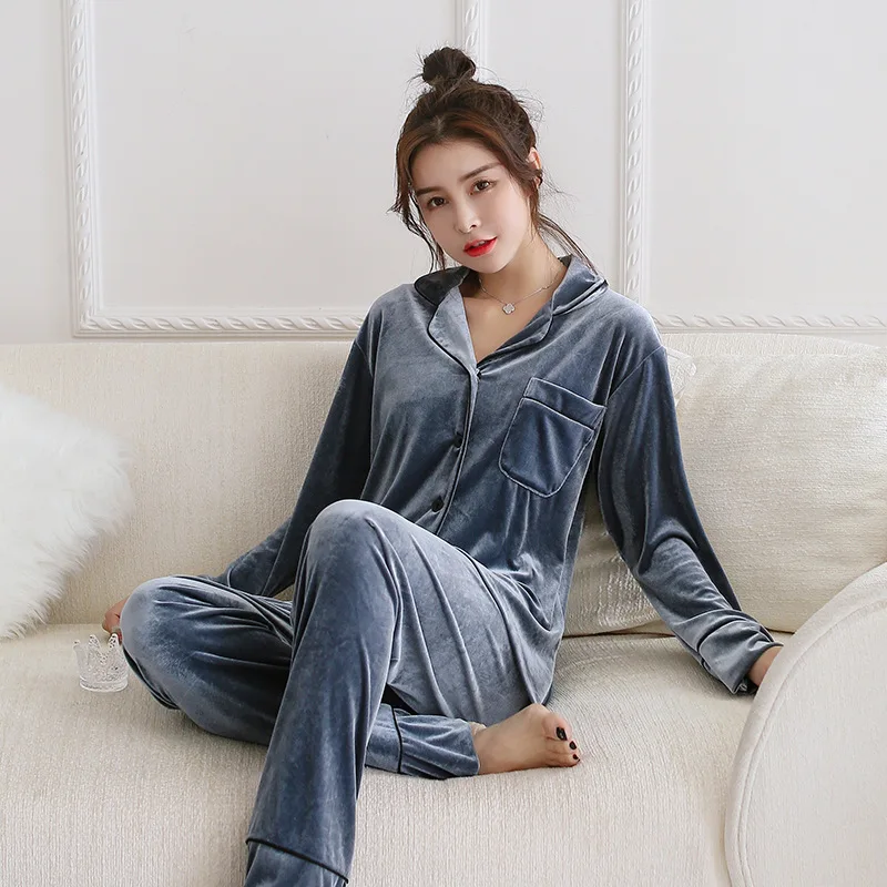 

Пижамный комплект Женский весенне-осенний, бархатная утепленная Повседневная Домашняя одежда с отложным воротником, ночное белье в Корейском стиле