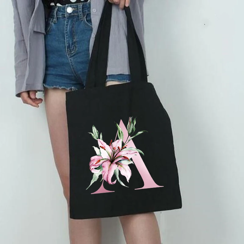 

pink letter print Women Shopping Bag Female Canvas Cloth Shoulder Bag casual Storage Handbag Reusable Foldable Eco Grocery Totes