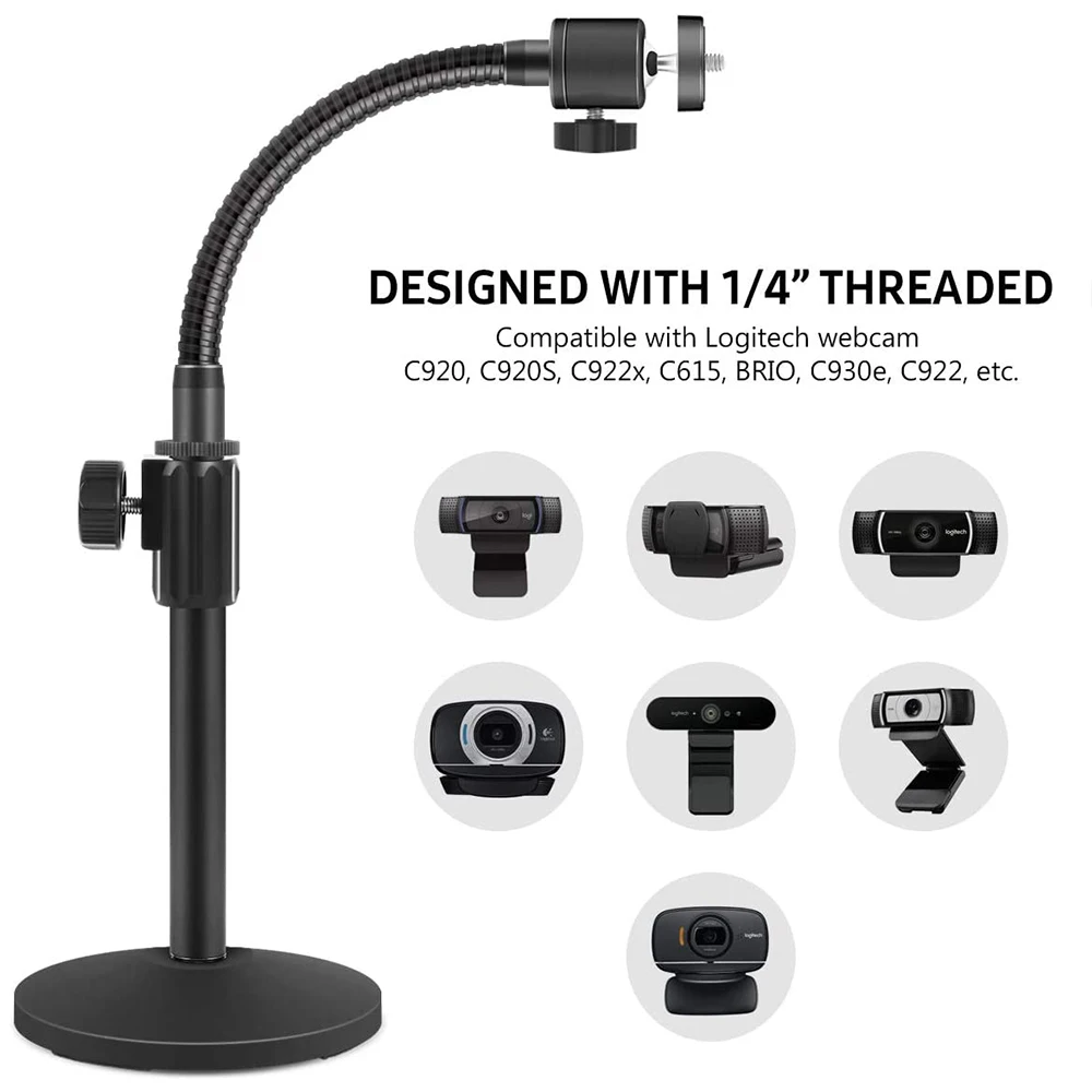 

Flexible 360° Rotation Webcam Stand with 1/4" Thread Desktop Web Camera Tripod Gooseneck Stands Holder for Logitech Web Cam