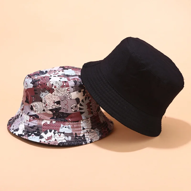 

Women's Buchet Hat Fisherman Hat Female Summer Double-sided Sun Hat Cartoon Graffiti Cat Pot Hat Couple Hat Men's Hat