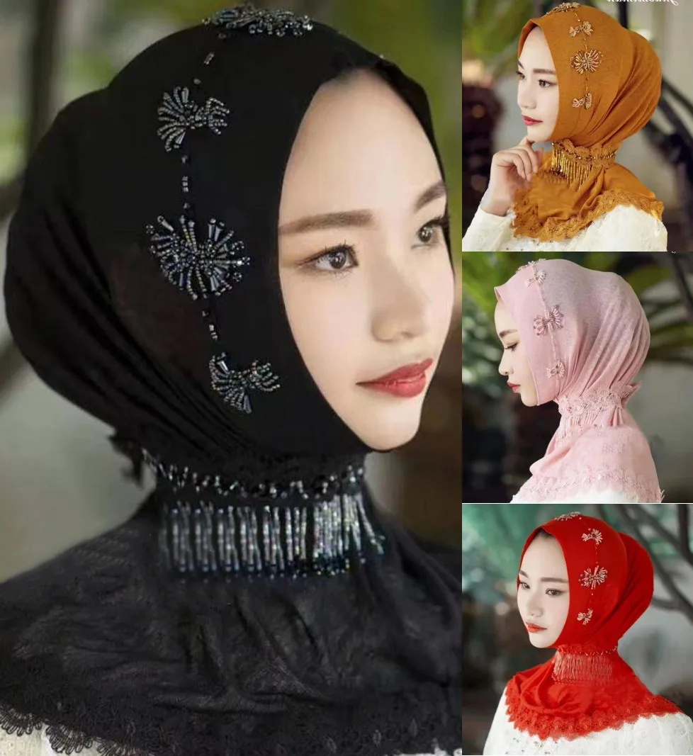 Благородный ручной работы из бисера цветок мусульманский хиджаб исламский шарф