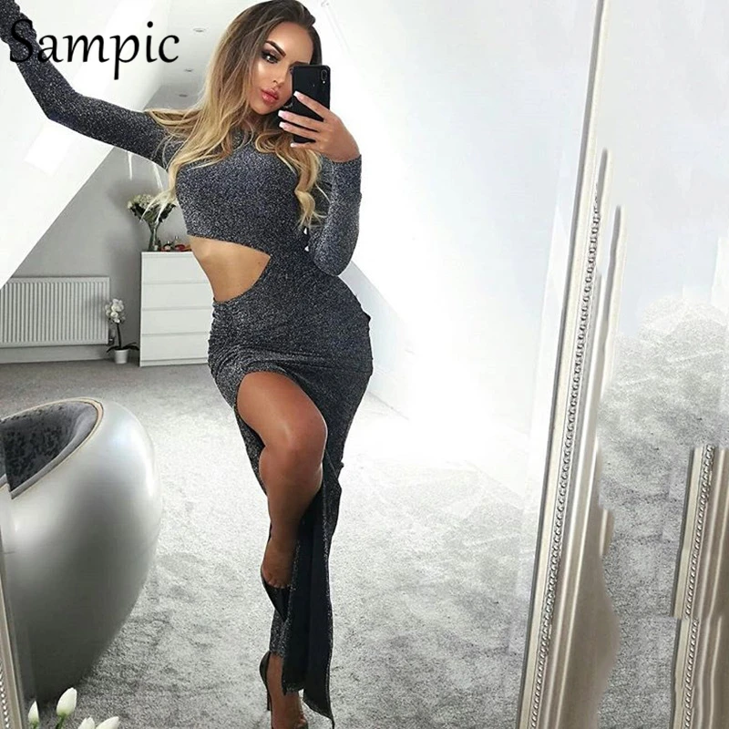 Sampic женские модные вечерние платья облегающее сексуальное с блестками длинным