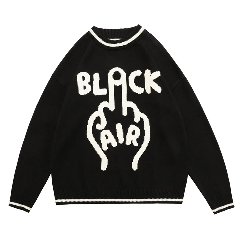 

Mens Sweater Harajuku Oversized Streetwear Funny Finger Letters Embroidery Knitted Pullover Hip Hop Casual Winter Male Sweaters