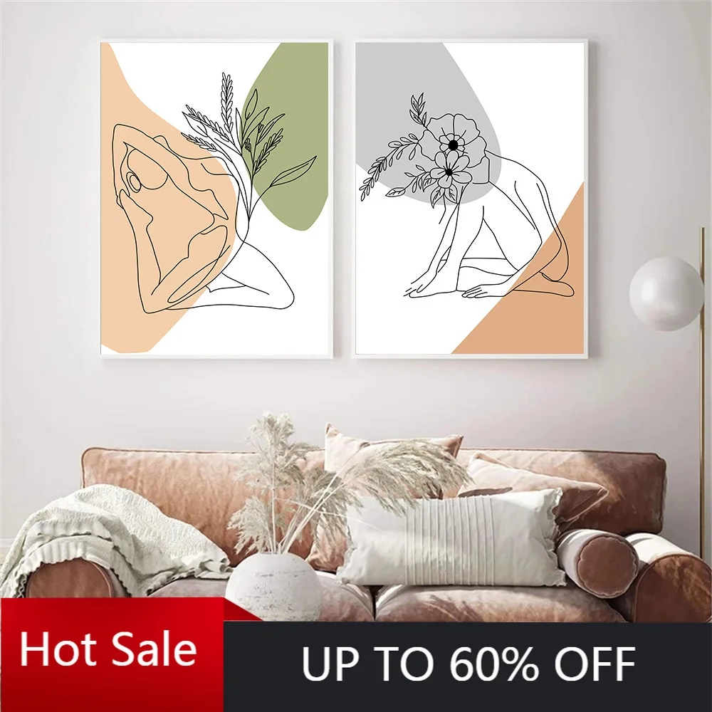 

Self-adhesive Canvas Painting Wall Sticker Yoga Leaf Flower Plant Posters Prints Women Body Line Drawing Nordic Home Decoration