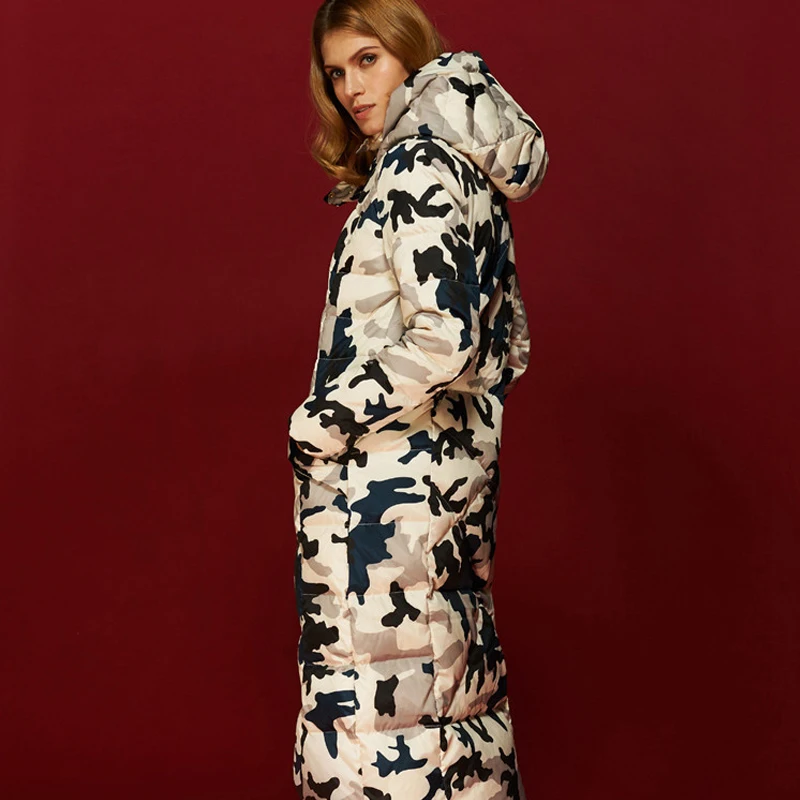 Бренд 2018 зимний Камуфляжный женский пуховик длинный на утином пуху утепленное