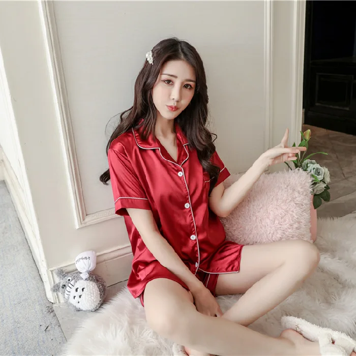 Весенние одноцветные синие красные шелковые пижамы женские летние с короткими