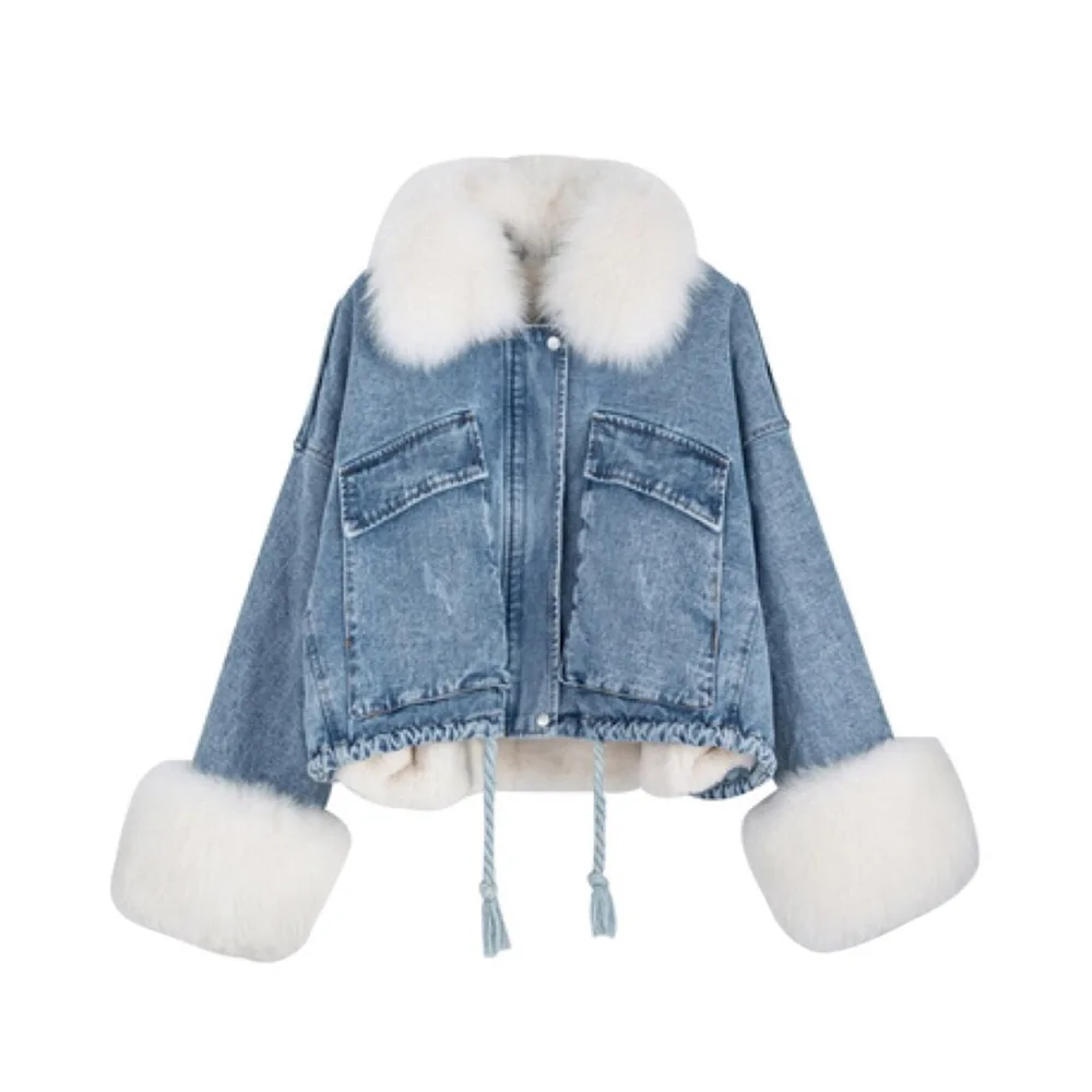 

Casual Women Jean Jacket Thicken Warm 2020 Winter Autumn Faux Fur Long Sleeve Overcoats Outerwear Streetwear Denim Coat Fashion