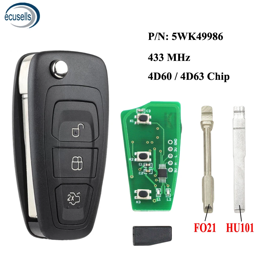 Умный складной дистанционный ключ с 3 кнопками брелок 433 МГц чипом 4D60/4D63 для Ford Focus
