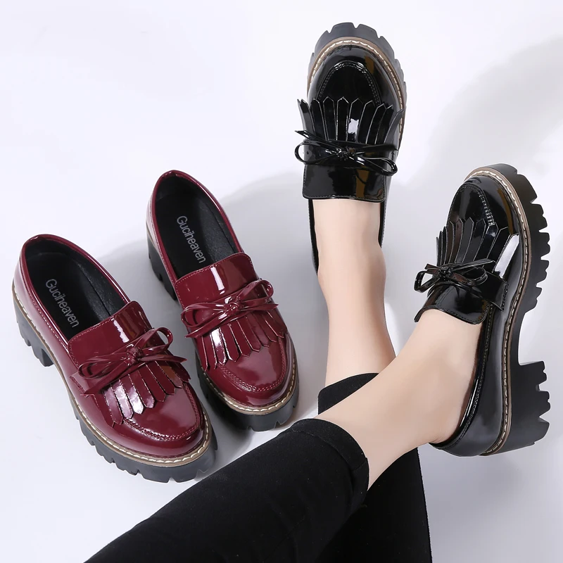 O16U Women Autumn Shoes Patent Leather Slip on Tassel Loafers Platform Flat Casual Shoes Women Flats Spring Shoes for Ladies