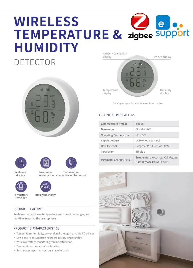 

Ewelink ZigBee Smart Home Temperature Humidity SensorViewing 110 Angle Detector LED Display Display On The Smart Detector APP