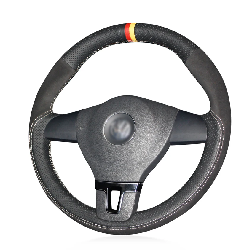 

Hand-stitched Black Genuine Leather Suede Car Steering Wheel Cover for Volkswagen VW Tiguan Lavida Passat B7 Jetta Mk6