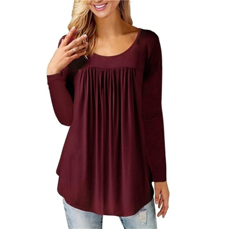 

Women Solid Color Blouse Pleated Shirts Blouses Round Neck Long Sleeve Loose Tunics Tops Plus Size Women Top Camisas Feminina
