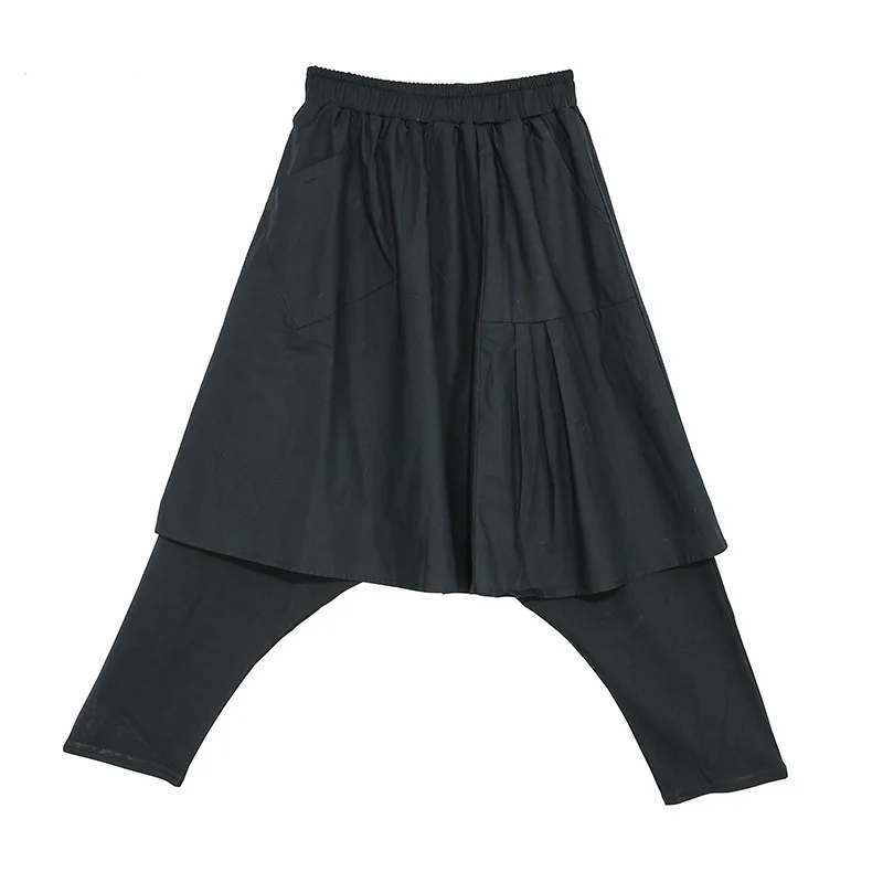 

SuperAen 2021 Spring New Patchwork Loose Waist Harem Pants Women Solid Black Plus Size Fake Two Pieces